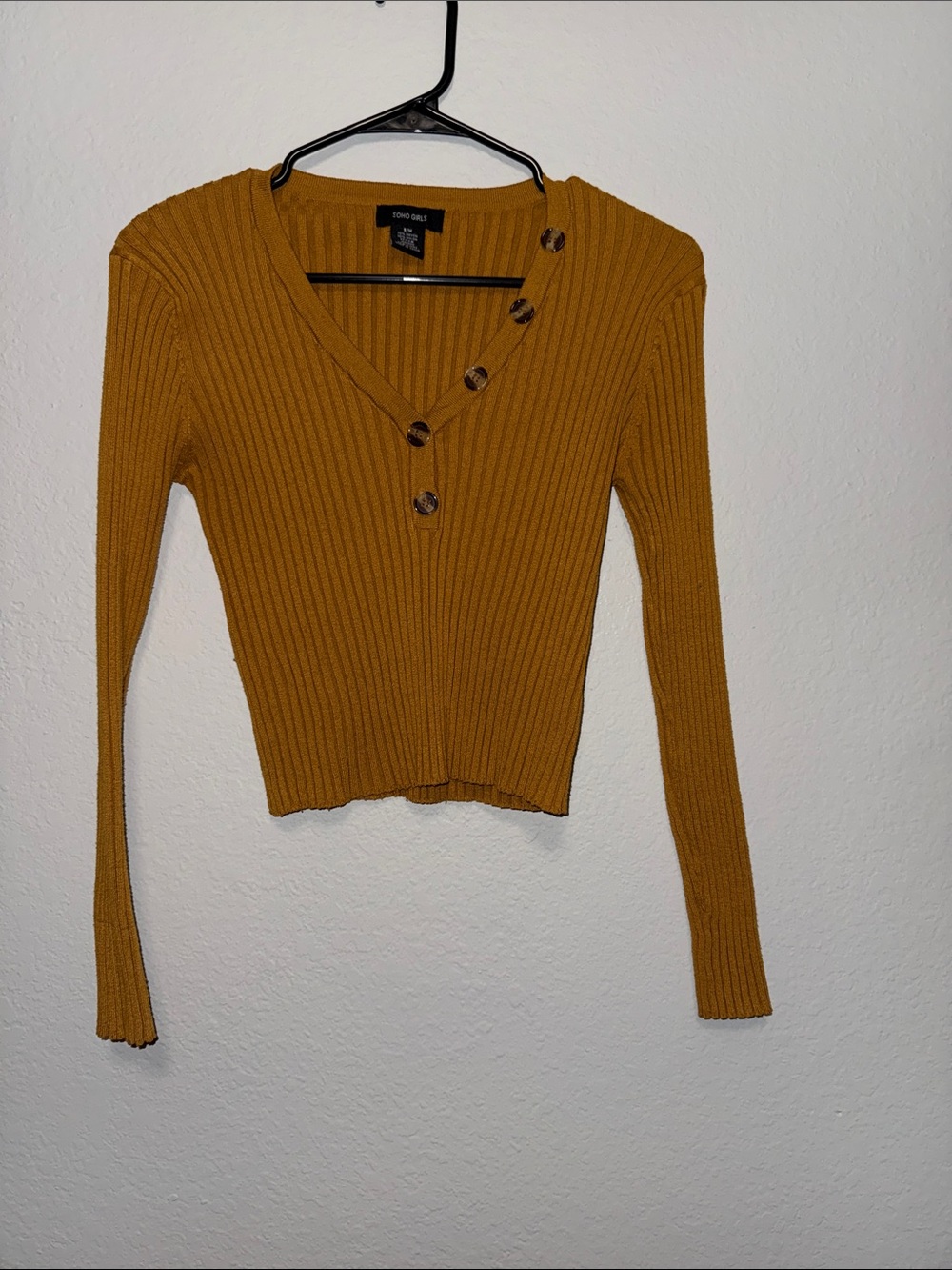 Mustard Ribbed V-Neck Button-Accent Long Sleeve Top